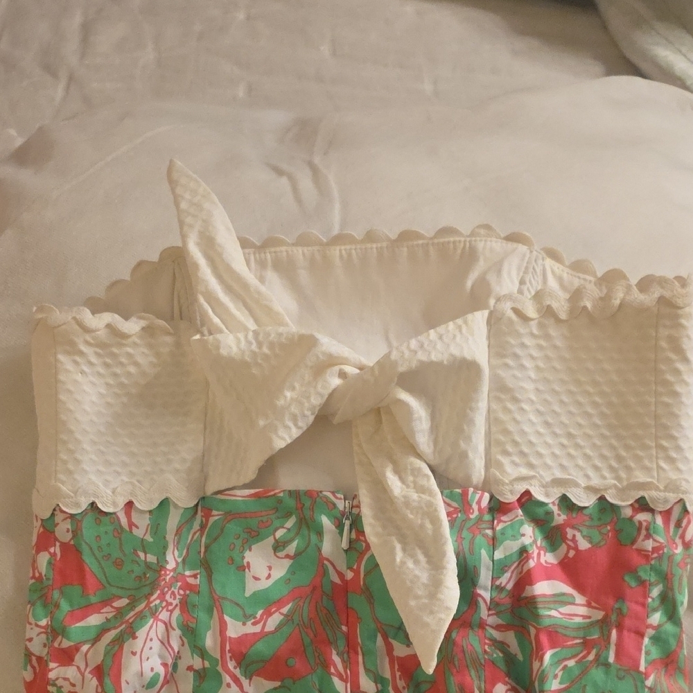 Lilly Pulitzer Cotton  White Strapless Dress with Pink & Green Floral Print 2 - Picture 14 of 16